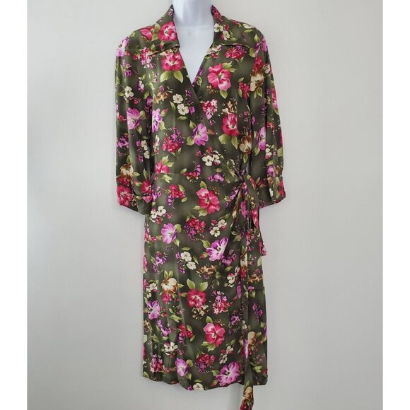 Silk Assets Diane Von Furstenberg Womens Vintage Green Floral Wrap Dress Size L - Picture 1 of 10